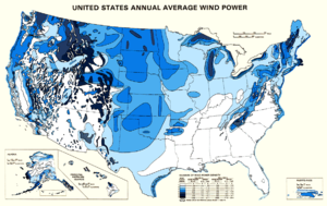 Map of available wind power over the United States.